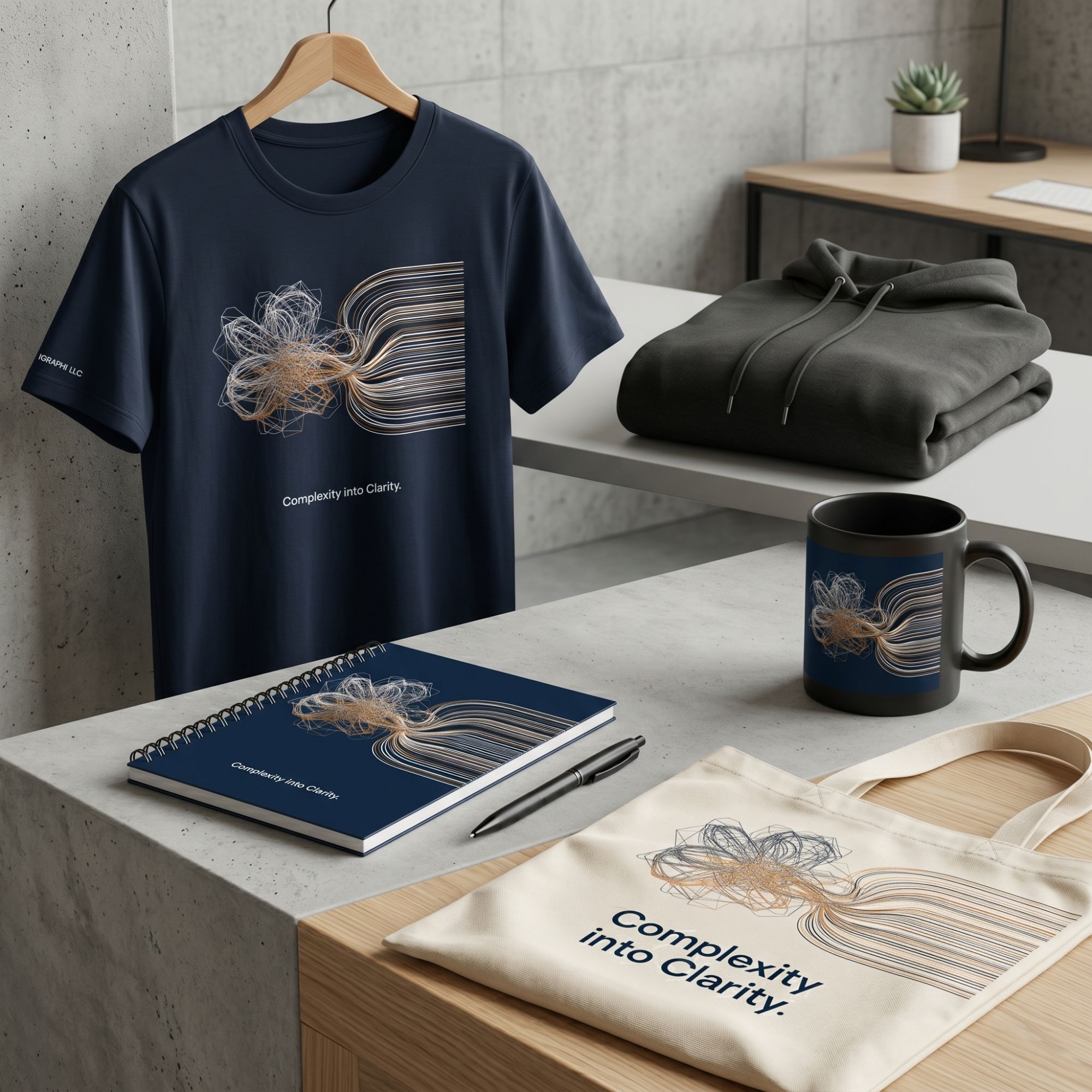 IGRAPHI Complexity into Clarity merch collection — t-shirt, hoodie, notebook, mug, tote bag
